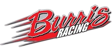 A red and white logo for burris racing on a white background.