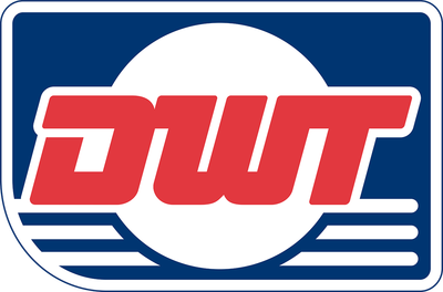 A red white and blue logo for dwt