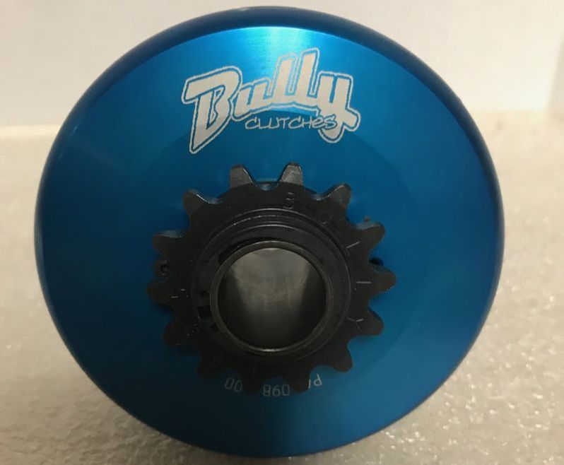 A blue bully clutch disc with a black gear