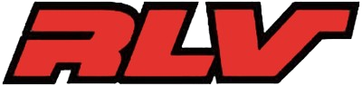A red and black logo for rlv on a white background