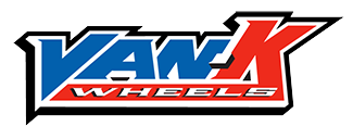 A blue and red van x wheels logo on a white background