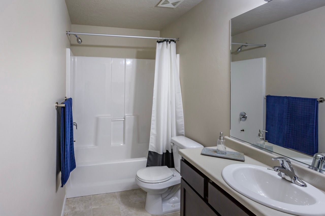 Bathroom with shower-tub combo, toilet, and single-sink vanity with mirror.