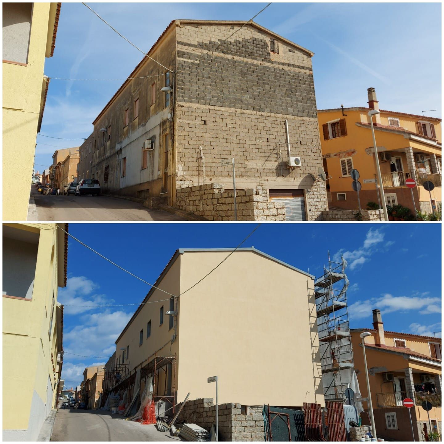 Due immagini: scatti prima e dopo la ristrutturazione della facciata
