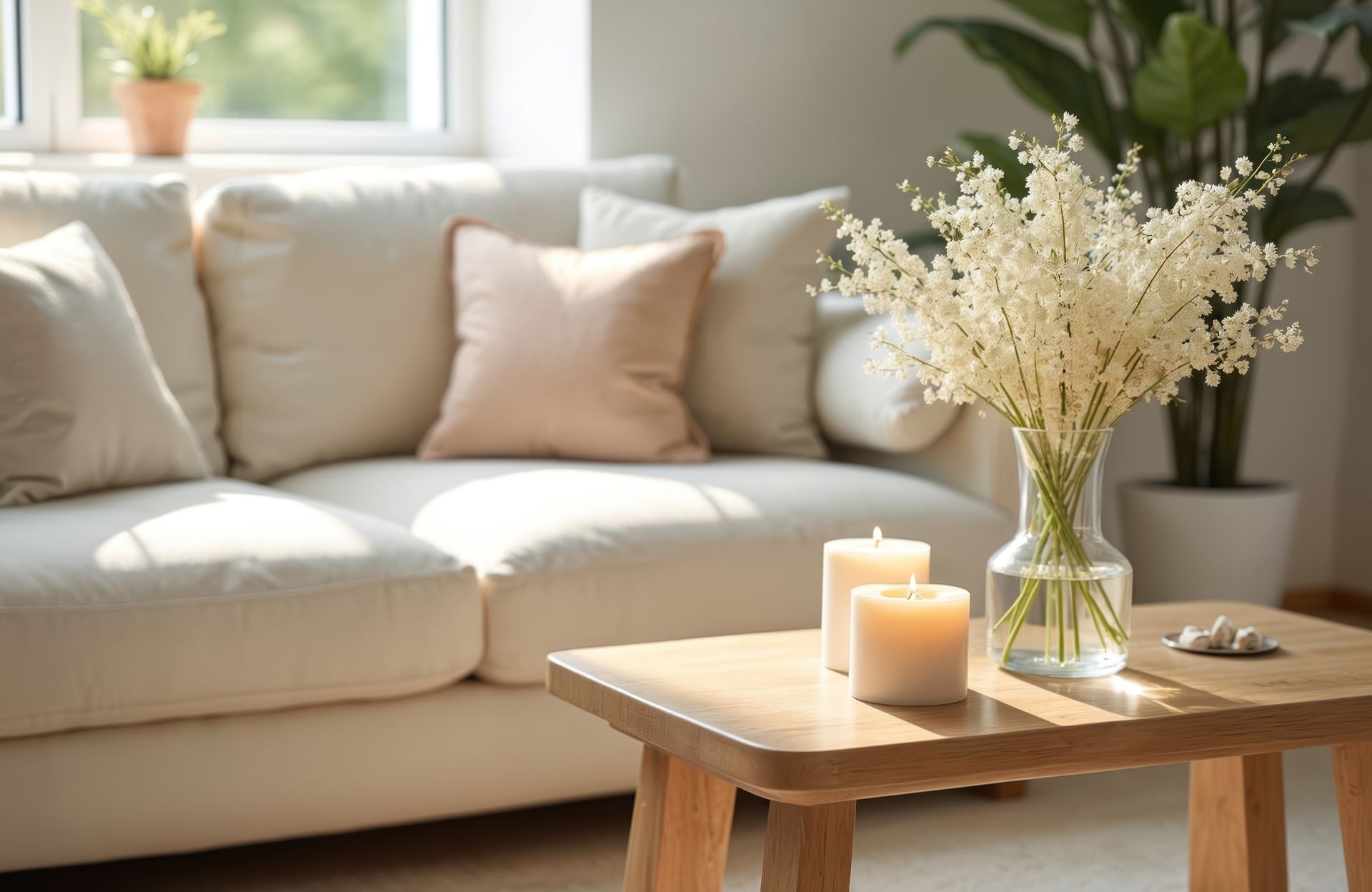 Cozy living room with cream sofa, small wooden table, candles, vase of white flowers, and a large plant.