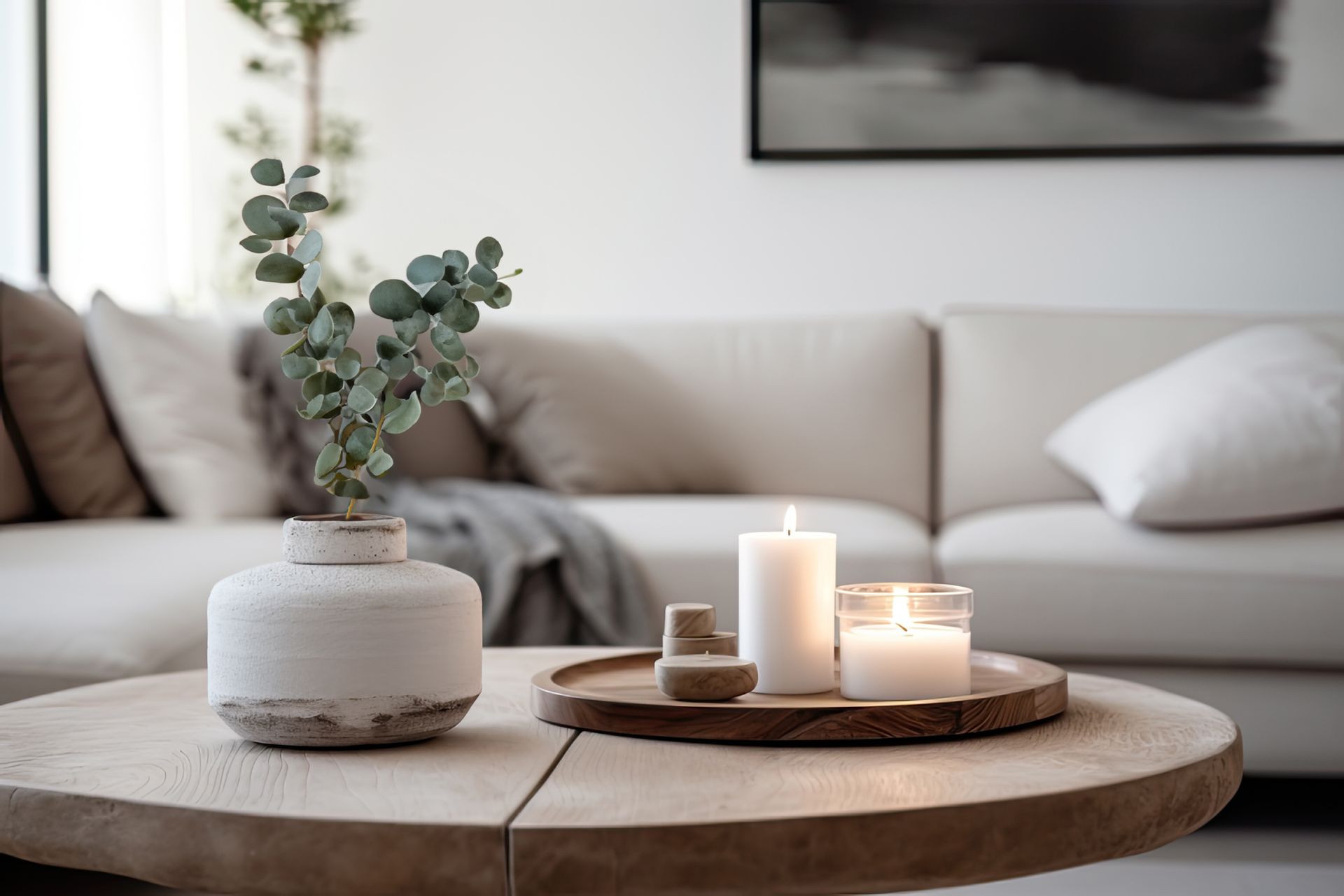 A modern living room with a wooden coffee table displaying candles and a vase with greenery.