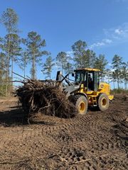 A yellow John Deere wheel loader moves a large pile of uprooted tree stumps and roots on a dirt lot with pine trees.