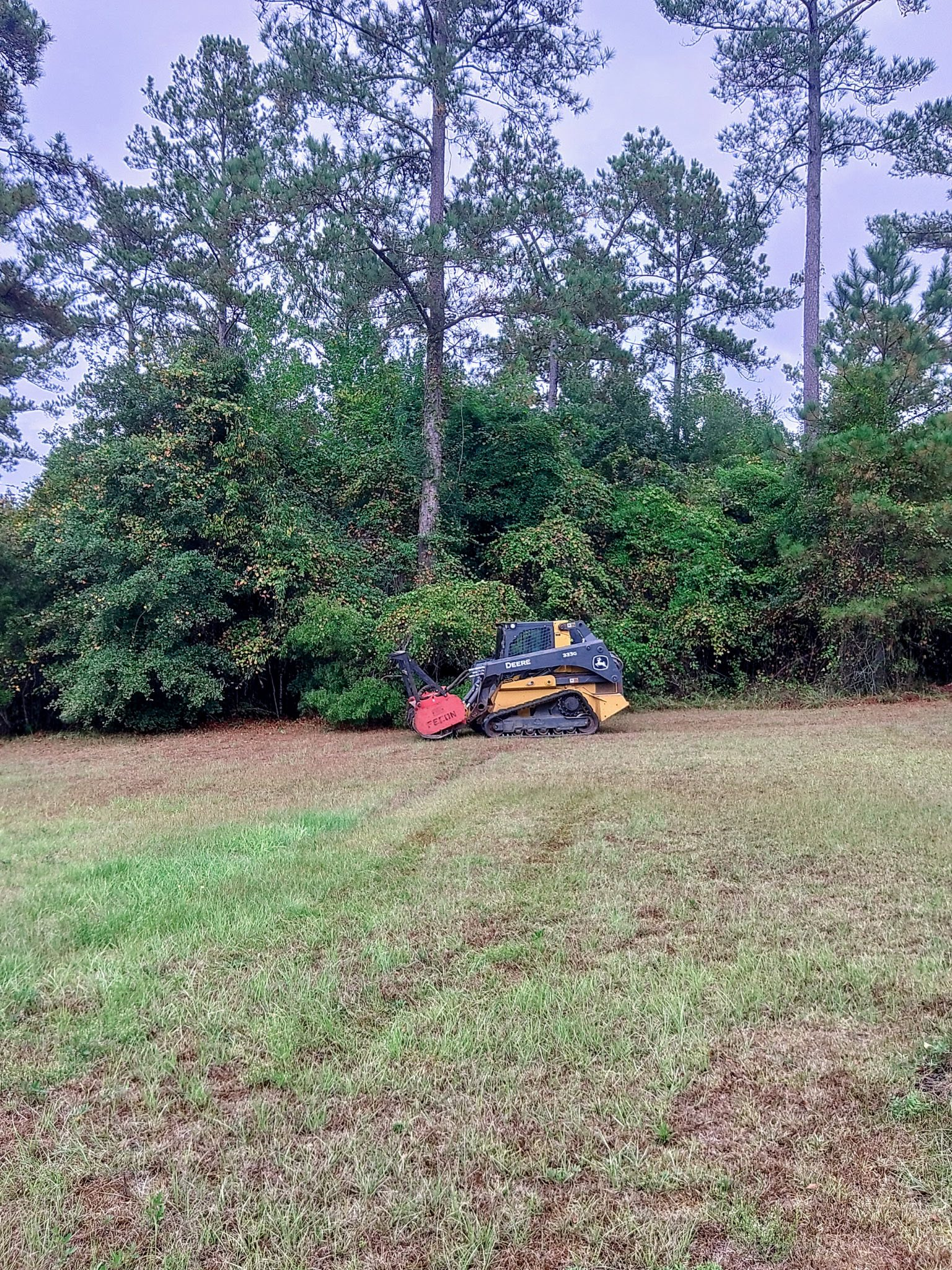 A yellow tracked forestry mulcher clears brush along the edge of a wooded area in a grassy field.