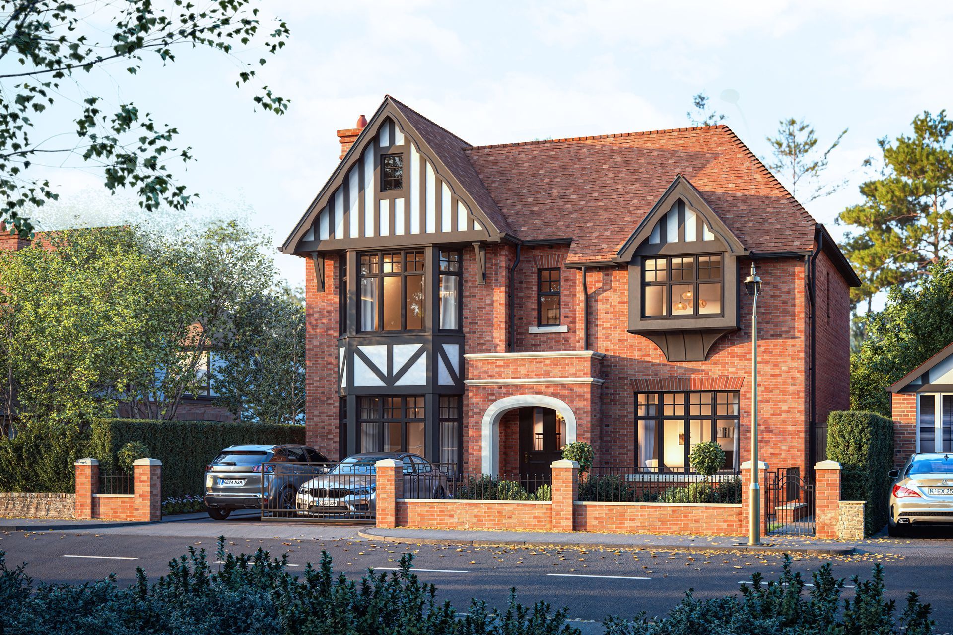 An artist 's impression of a brick house with cars parked in front of it.