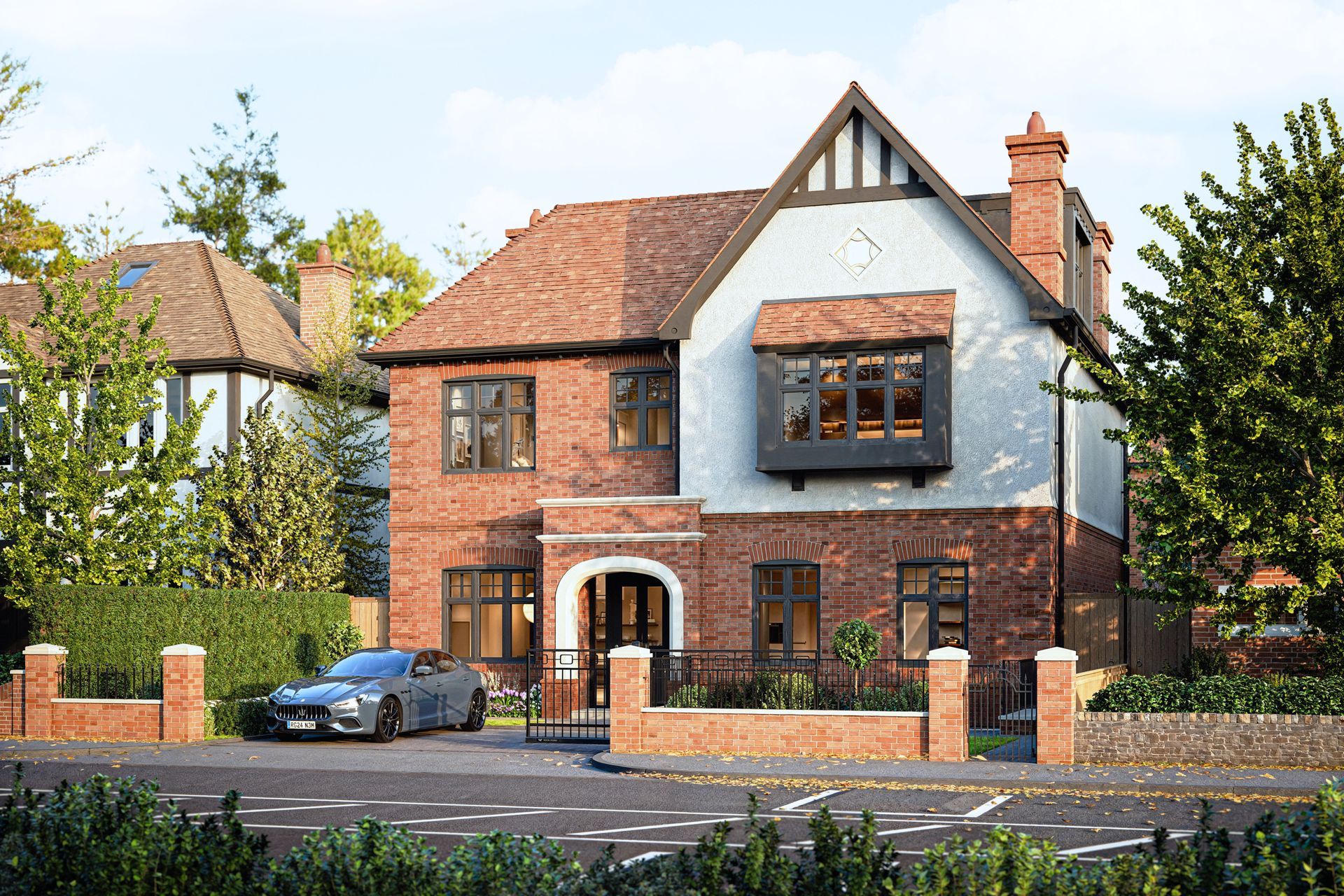 A large brick house with a car parked in front of it.