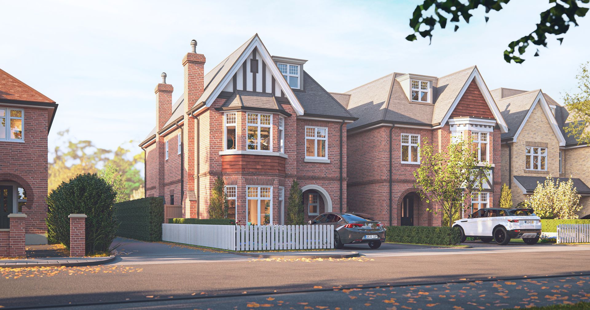 An artist 's impression of a brick house with cars parked in front of it.