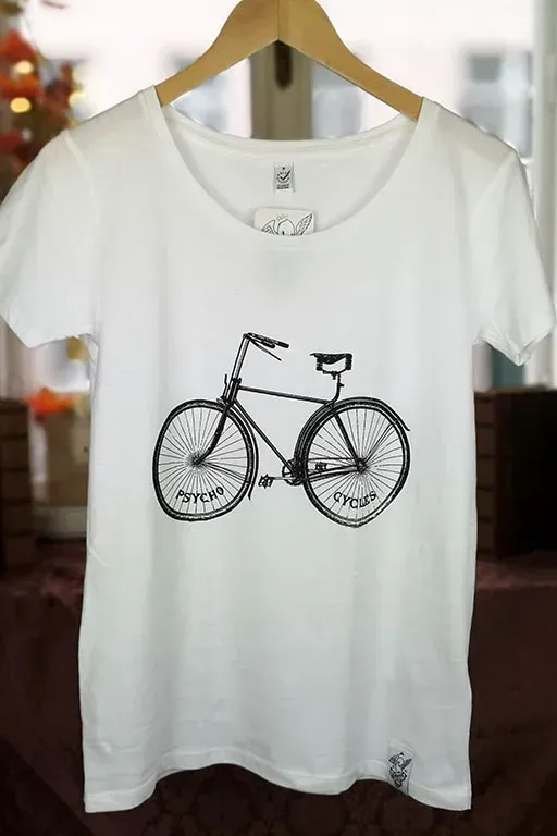 Ein weißes T-Shirt mit einem Fahrradbild darauf