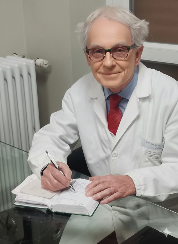 Uomo in camice da laboratorio che scrive su un quaderno, cravatta rossa, occhiali; seduto alla scrivania in ufficio.