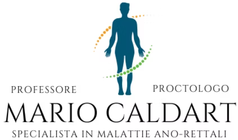 Logo per Mario Caldart, proctologo, con la sagoma blu di una persona e del testo.