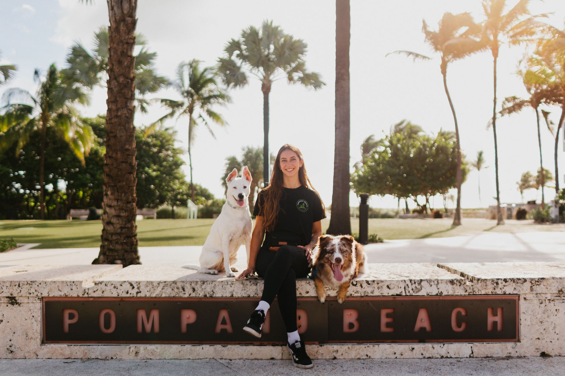 A woman is sitting on a wall with two dogs.