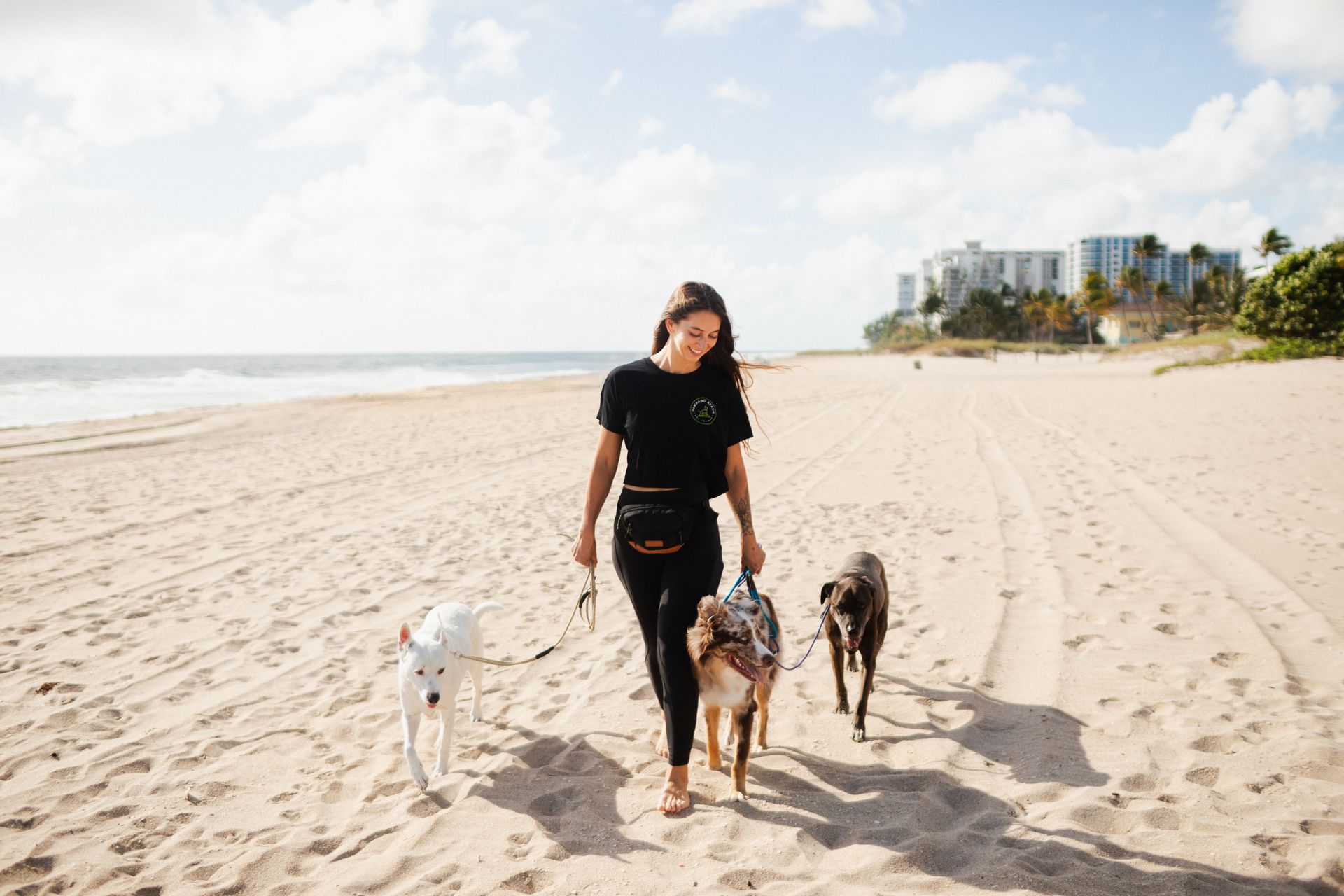 A woman is walking three dogs on a leash on the beach.