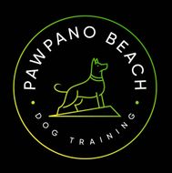 A logo for pawpano beach dog training with a dog standing on a rock.