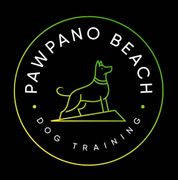 A logo for pawpano beach dog training with a dog on a rock.