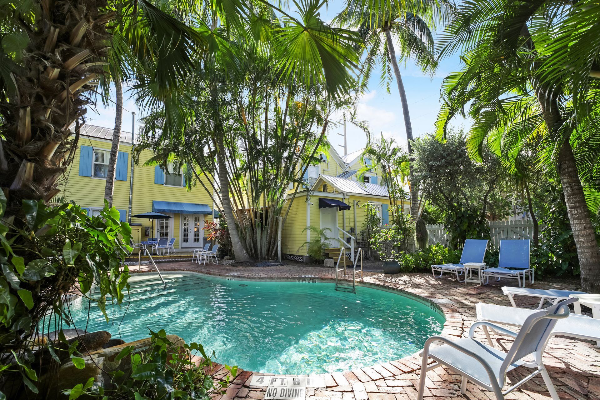 Pool surrounded by lush tropical greenery, with a yellow building in the background. Lounge chairs near the pool.