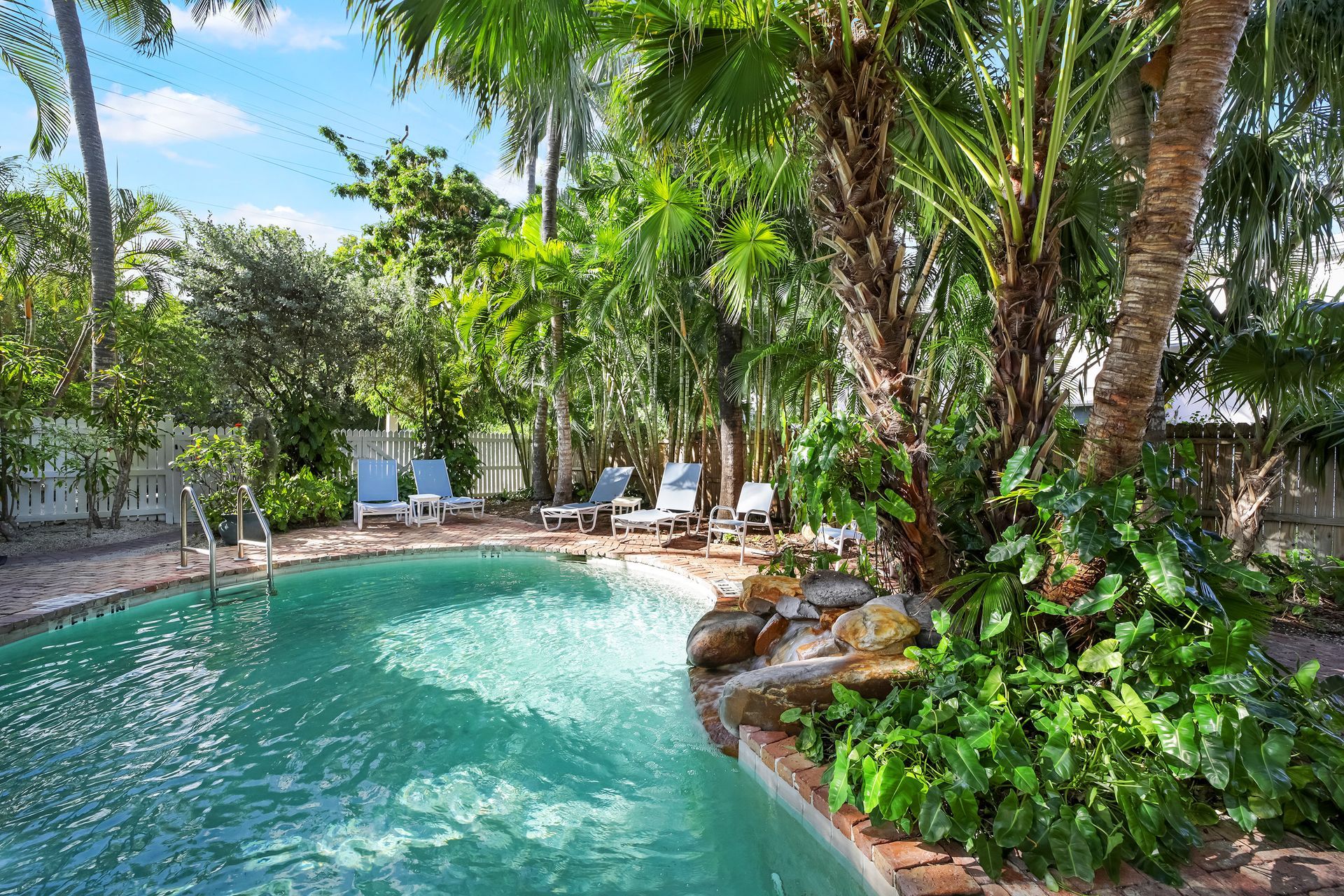 Pool surrounded by lush tropical plants and lounge chairs on a sunny day.