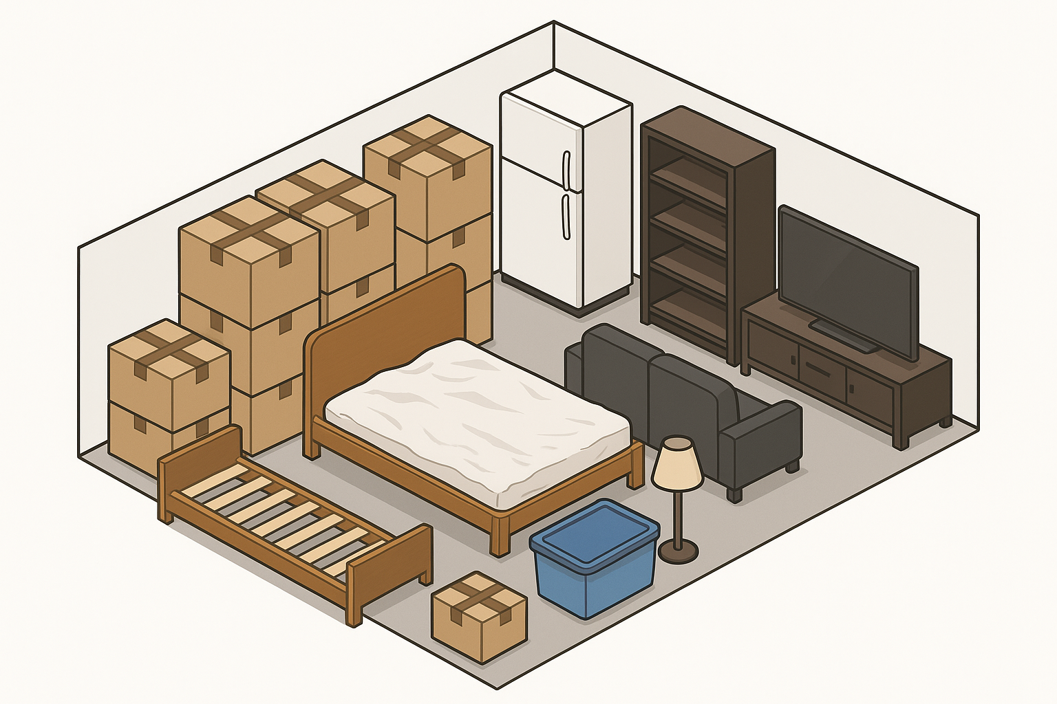 Storage unit packed with furniture, boxes, and appliances like a refrigerator.