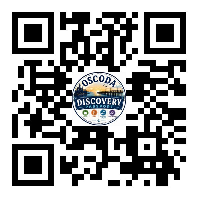 Black-and-white QR code with a “Oscoda Discovery” logo in the center