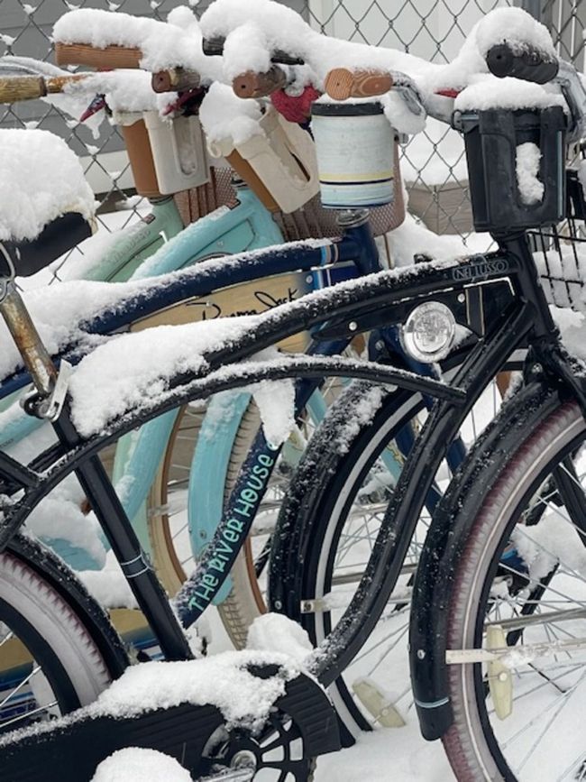 Snow-covered bicycles parked outdoors in winter, with handlebars and frames coated in fresh snow