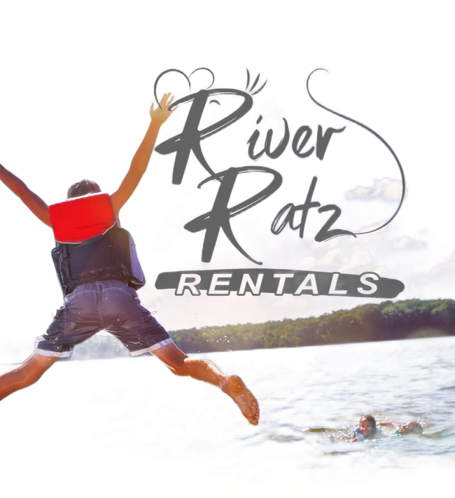 River Ratz Rentals logo over a person jumping into a lake on a red raft, with swimmers in the water