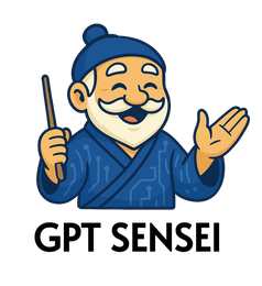 Logo GPT Sensei. Smiling, cartoon Sensei in blue robe with tech circuit design, holding pointer. Text: GPT Sensei.