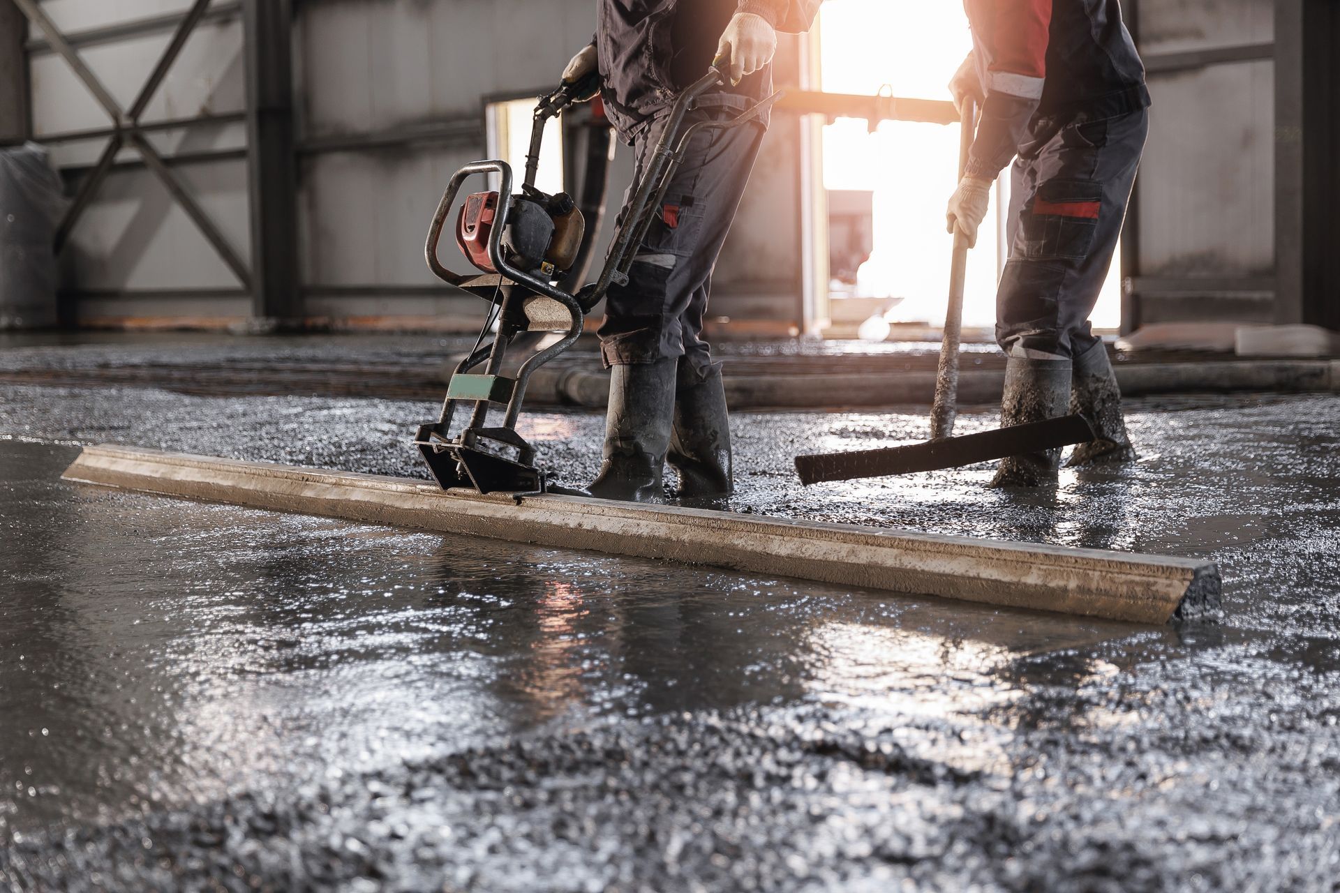 A group of construction workers are working on a concrete floor.