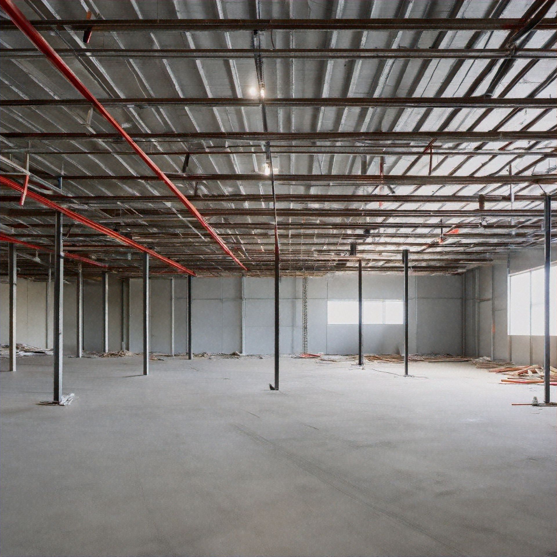 A large empty warehouse with a metal roof