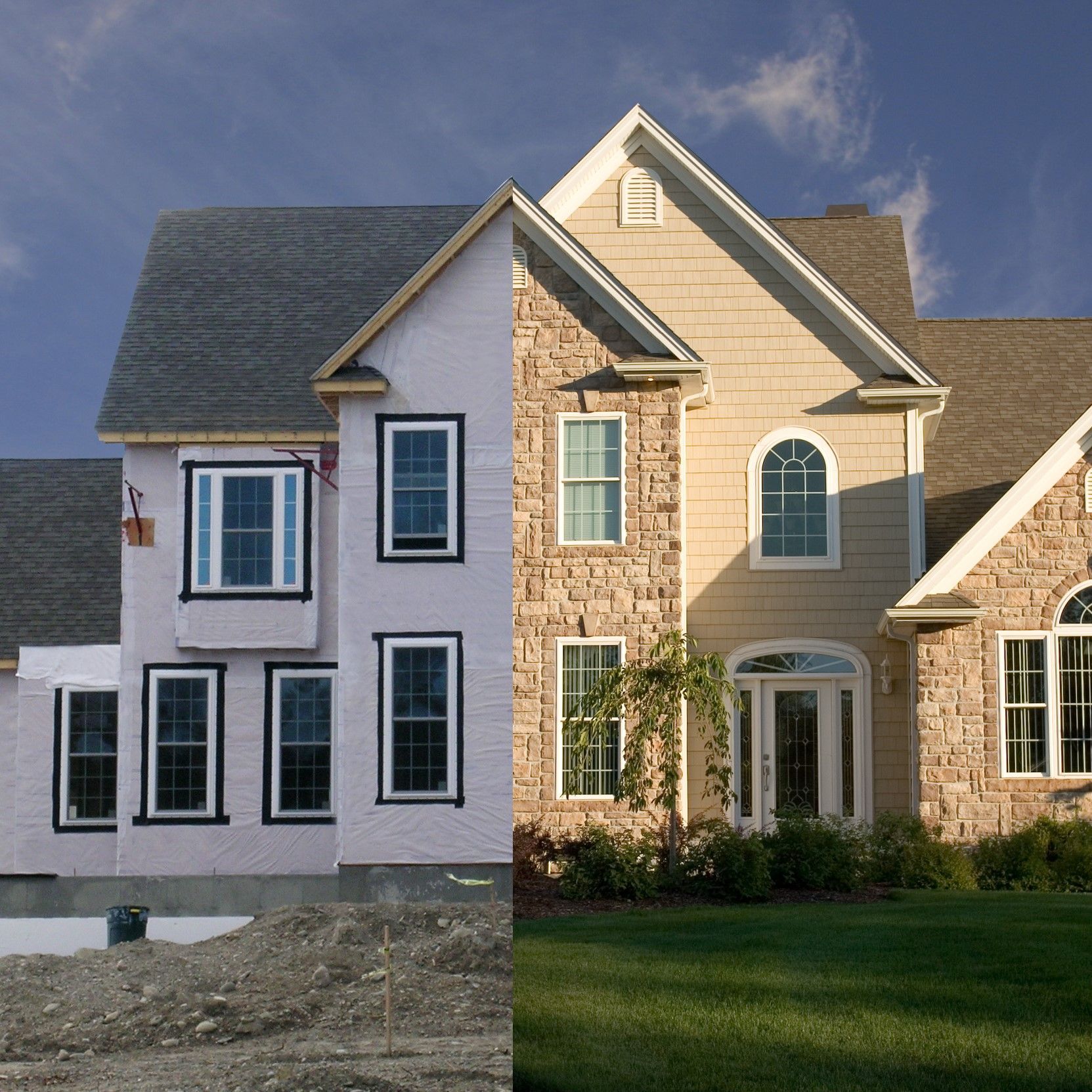 A picture of a house before and after being built