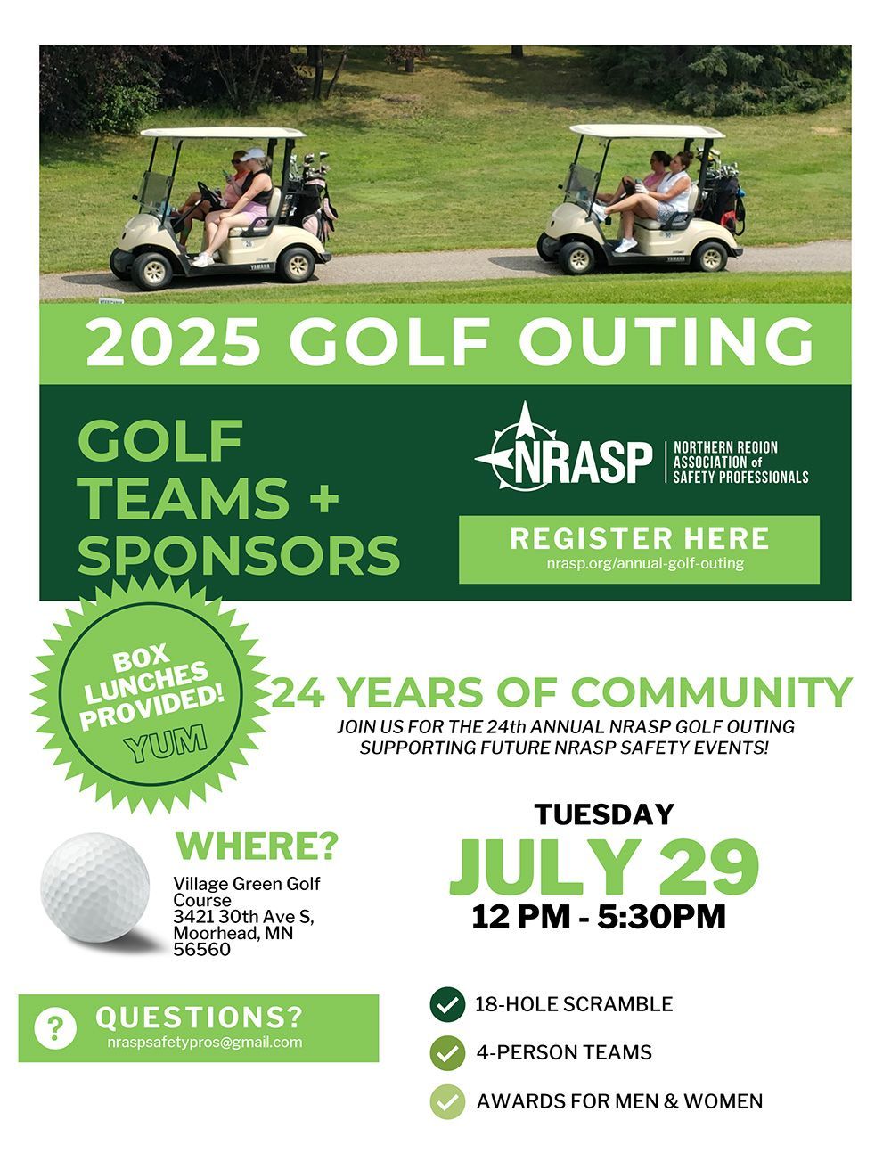 Golf outing poster: Two golf carts, July 29, 12 PM-5:30 PM. Golf teams, sponsors, & awards. 24 years of community.