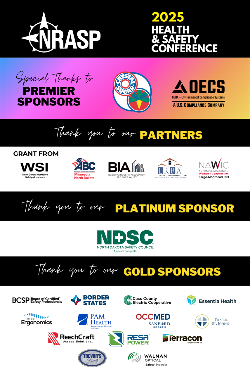 Conference poster: NRASP 2025 Health & Safety. Features premier, platinum, and gold sponsors' logos.