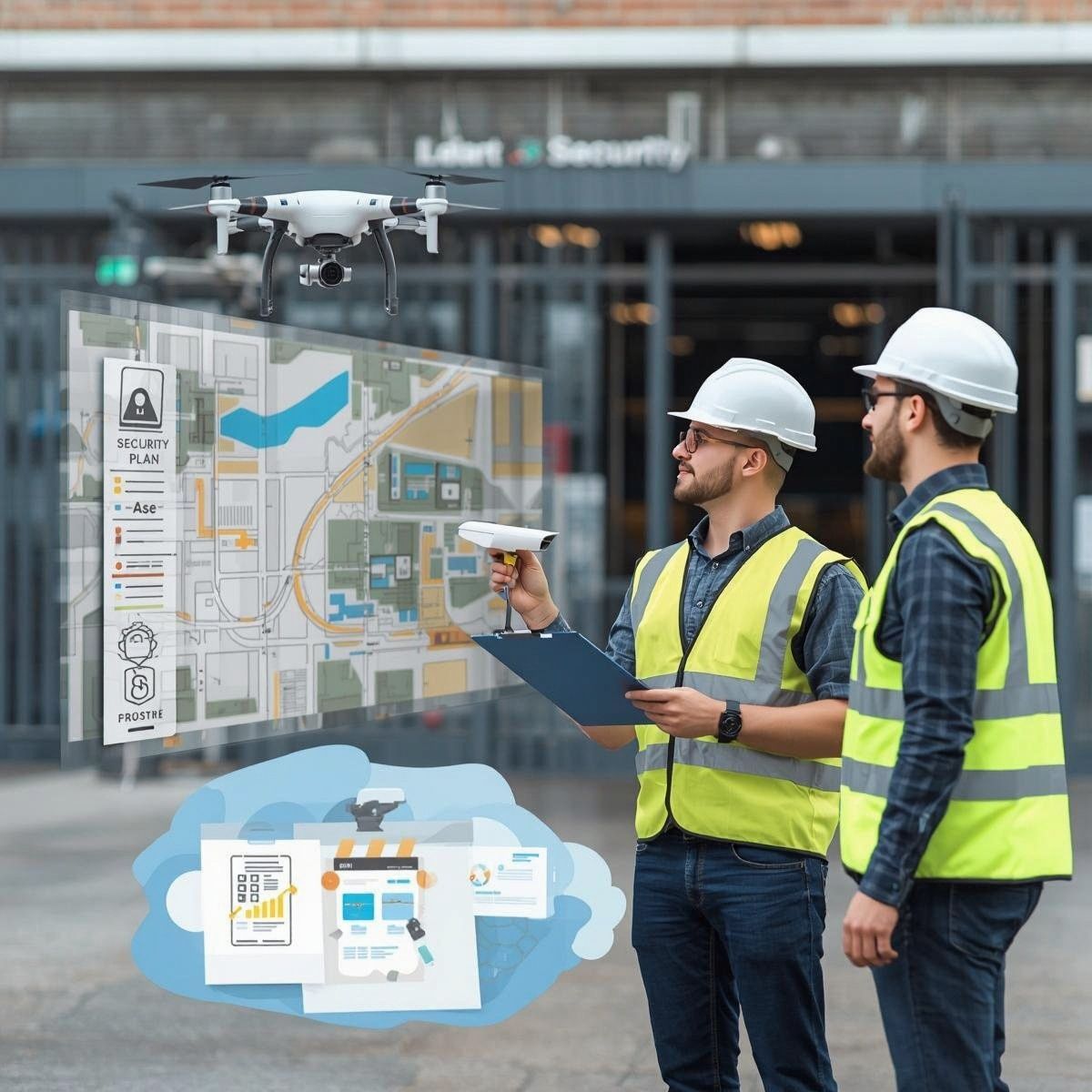 Two workers in safety vests and hard hats checking their site safety plan while using a drone and camera.
