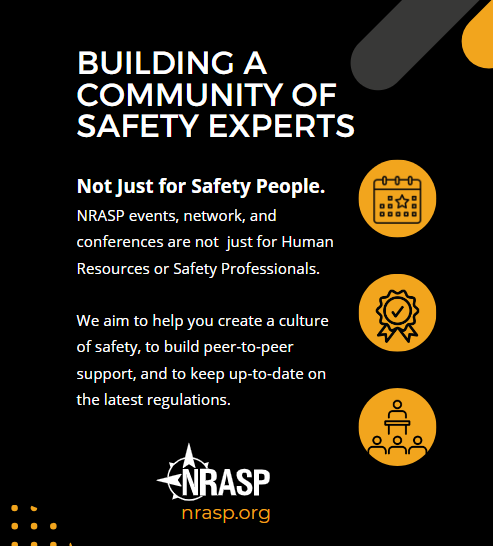 Poster for NRASP events: aims to create a safety culture, peer support, and keep up-to-date on regulations.