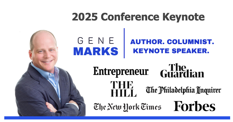 Gene Marks, keynote speaker, author, and columnist, with logos of publications.