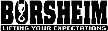 Logo for Borsheim, a lifting company, with a crane hook graphic replacing the "O". "Lifting Your Expectations" is below.