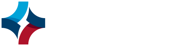 Abstract logo featuring stylized blue and red curved shapes converging to form a star.