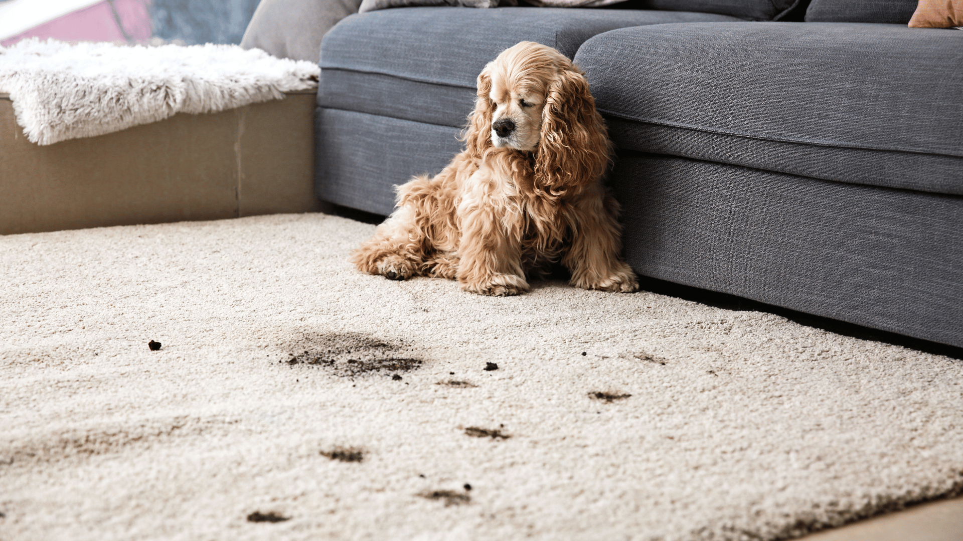 Arizona Carpet and Tile Steamers, Inc.- A cocker spaniel is sitting on a dirty carpet in a living room.