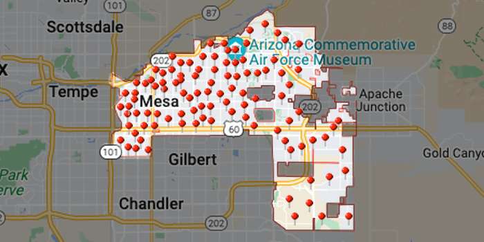 Arizona Carpet and Tile Steamers, Inc.- A map of arizona with a lot of red dots on it.