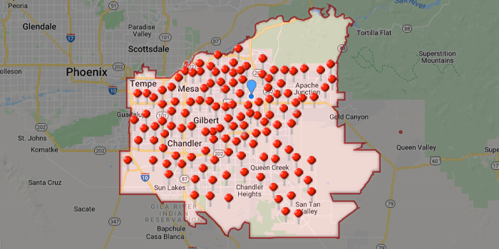 Arizona Carpet and Tile Steamers, Inc.- A map of arizona with a lot of red dots on it.               
