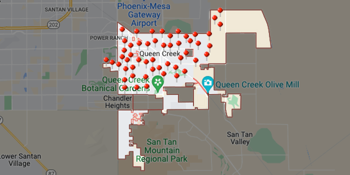 Arizona Carpet and Tile Steamers, Inc.- A map of arizona with a lot of red dots on it.