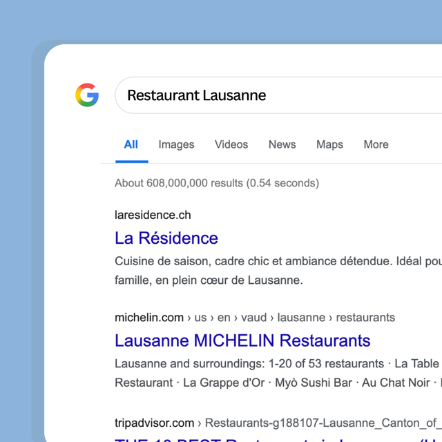 Une capture d'écran d'une recherche Google pour restaurant lausanne
