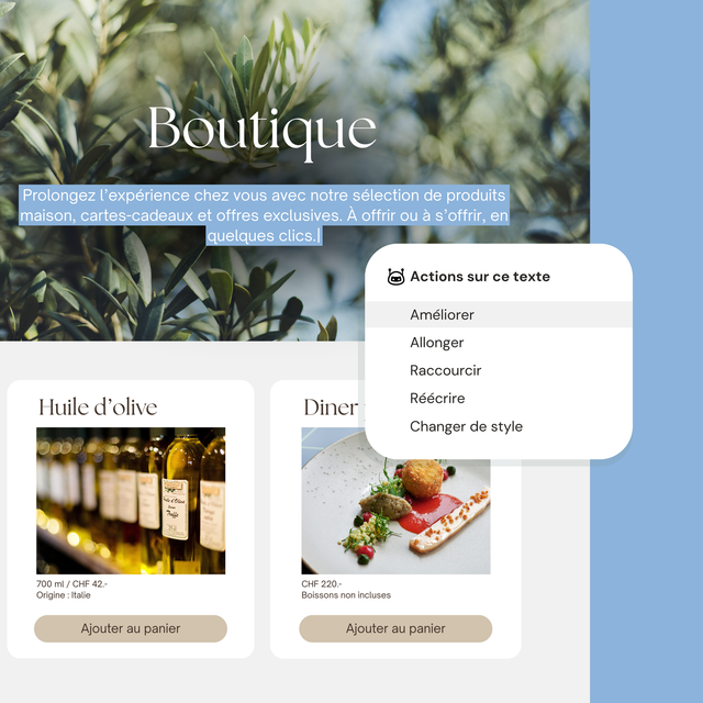 Un site Web de boutique avec une image floue de bouteilles d'huile d'olive