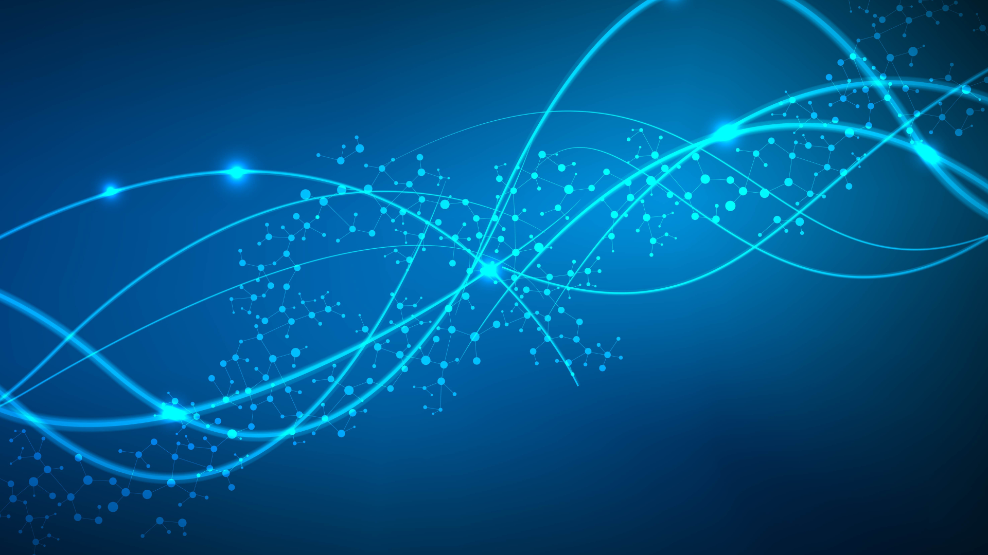 Blue abstract background with glowing curved lines and dots.