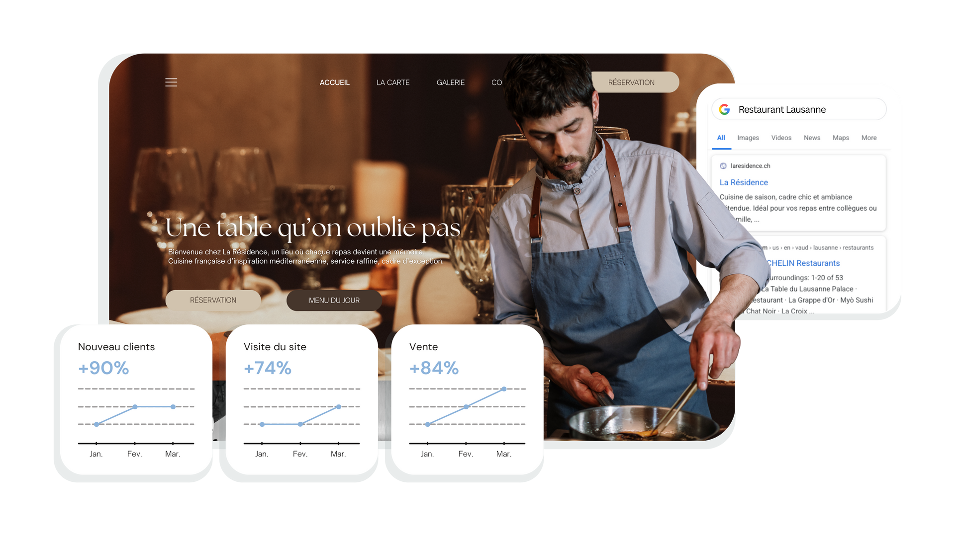 Un homme en tablier cuisine dans un restaurant.