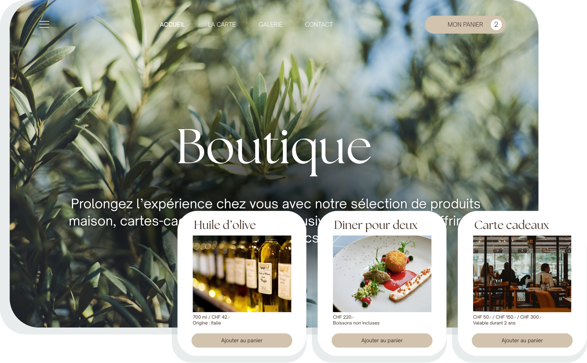 Une capture d'écran d'un site Web pour un restaurant appelé boutique.