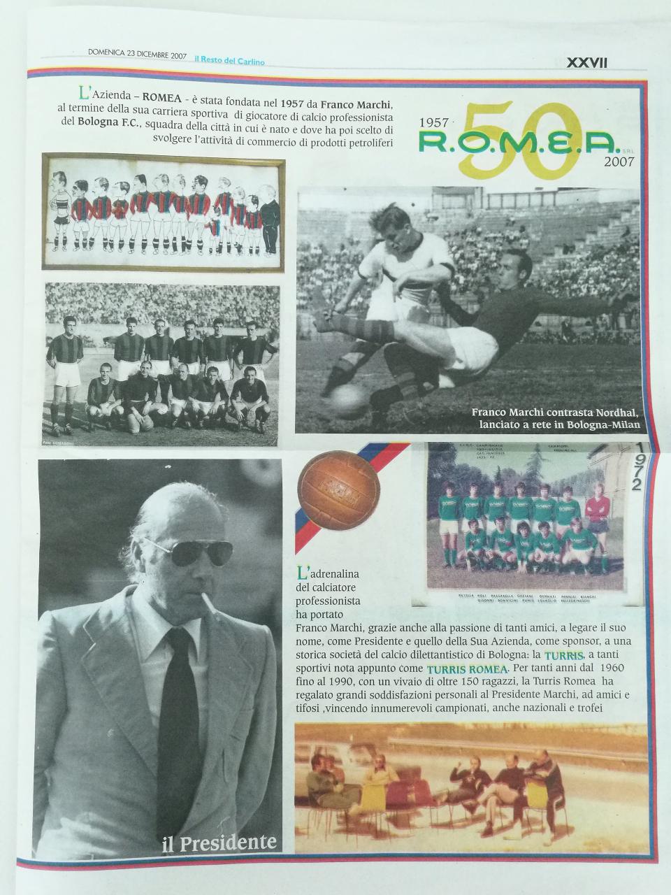 pagina di giornale con Franco Marchi ex calciatore del Bologna