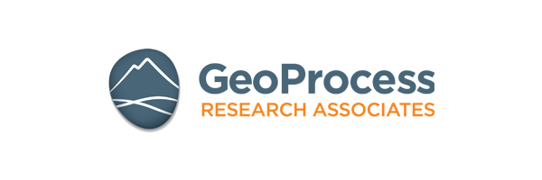 The logo for geoprocess research associates has a mountain in the center.