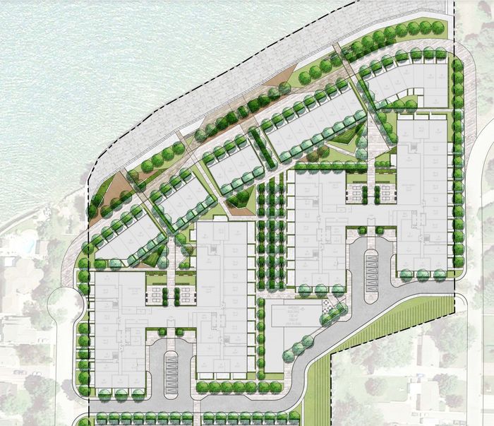 A drawing of a residential area with lots of trees